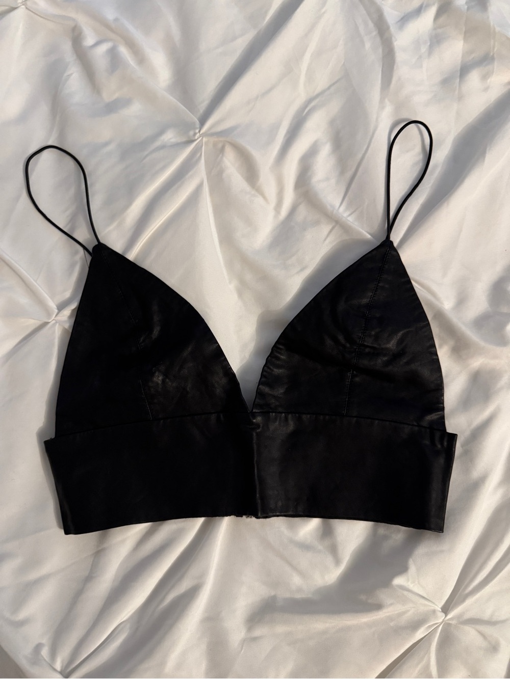 Black Leather Bralette with Slim Straps Silver Zipper Bustier